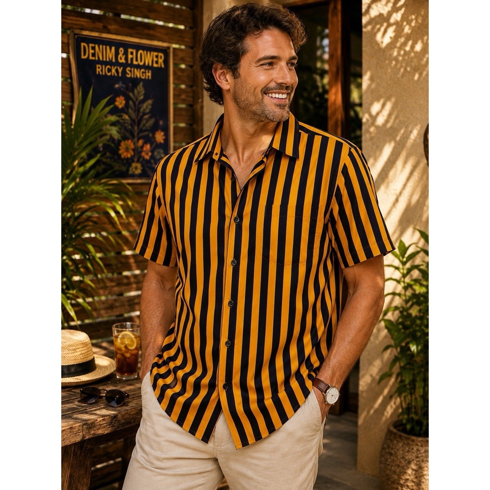 Denim & Flower Ricky Singh Men's Large 42 Yellow Navy Stripe Button Up Shirt